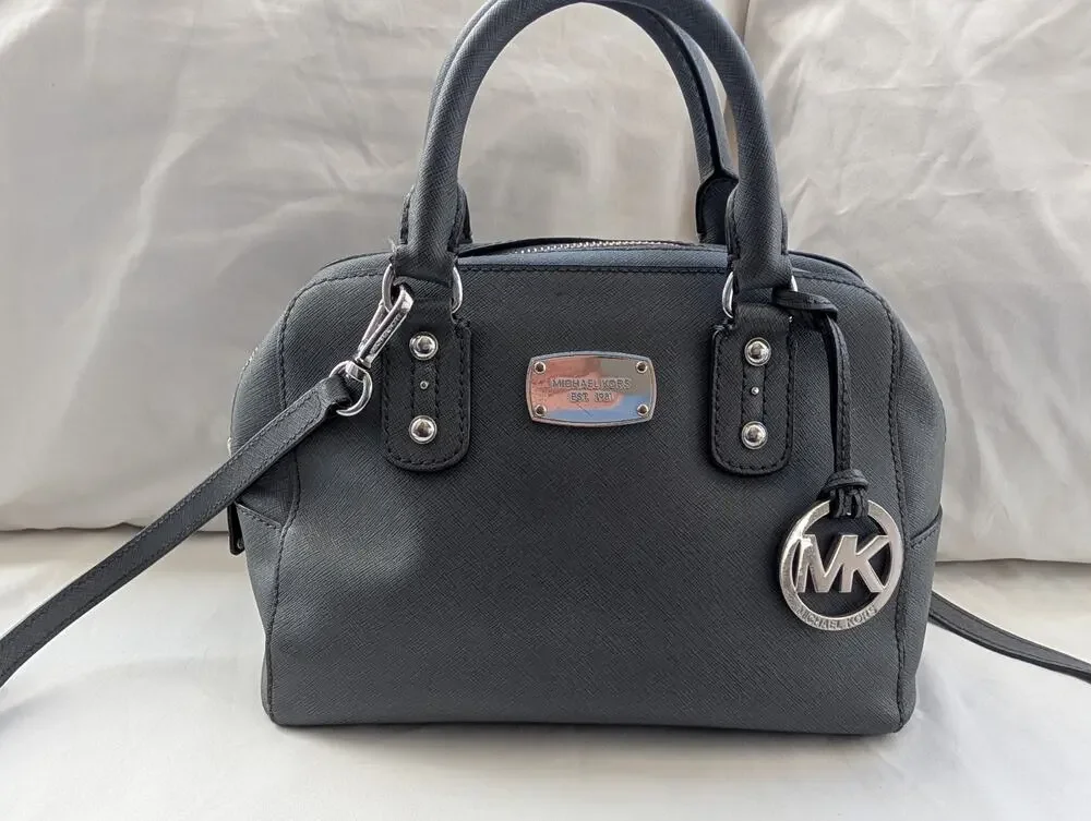 Michael Kors Reese Gray Saffiano Zip Satchel Top Handle Bag Crossbody Strap